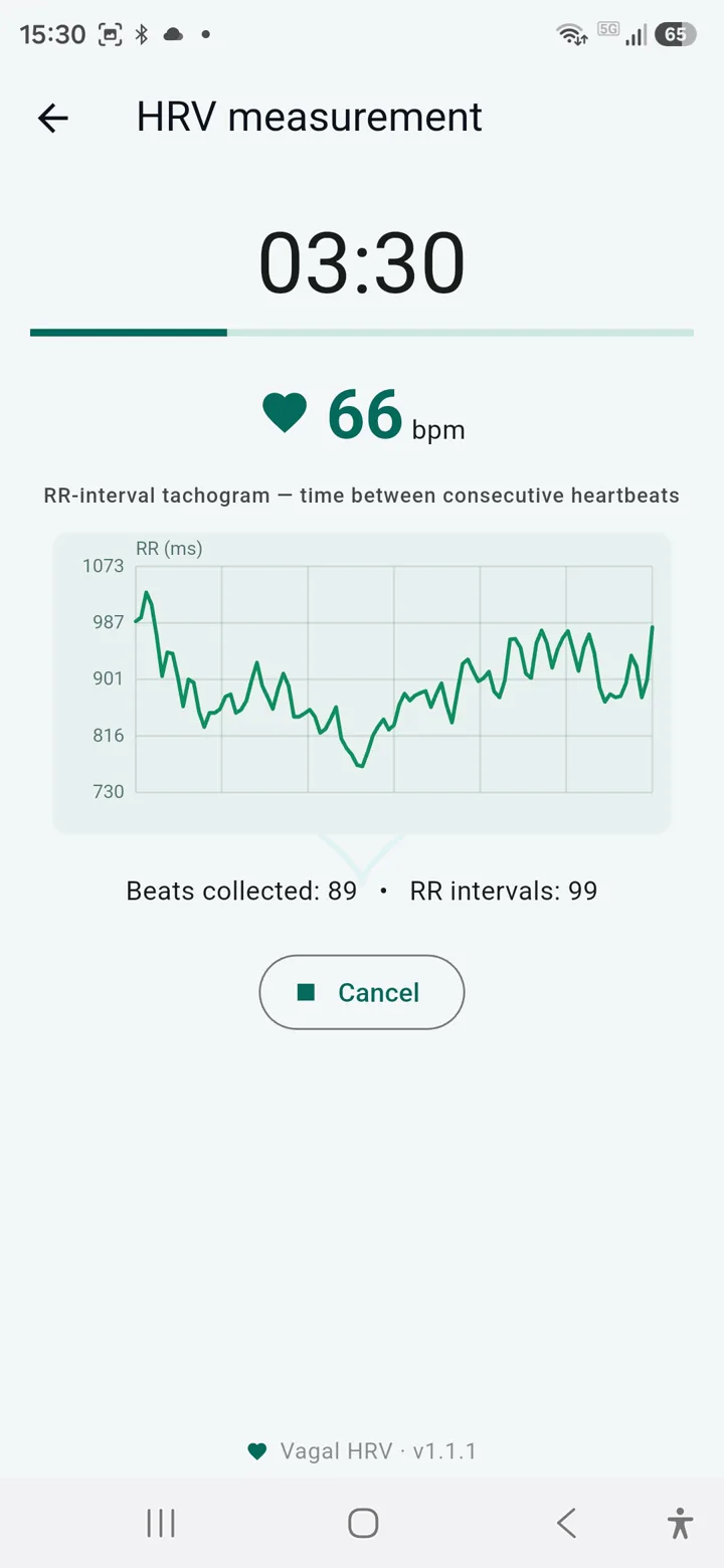 Measurement in progress showing timer, heart rate and RR intervals