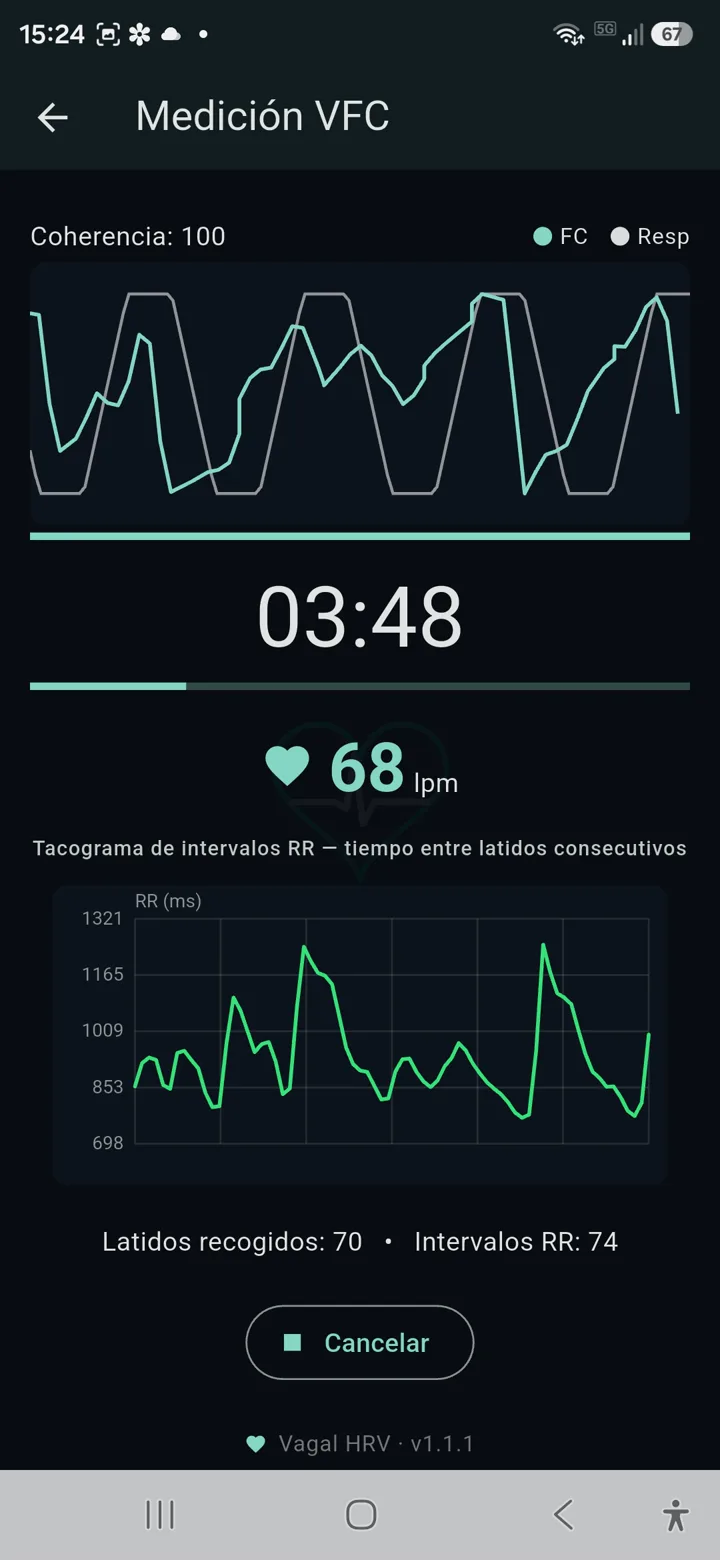 Medición en curso con cronómetro, frecuencia cardíaca e intervalos RR