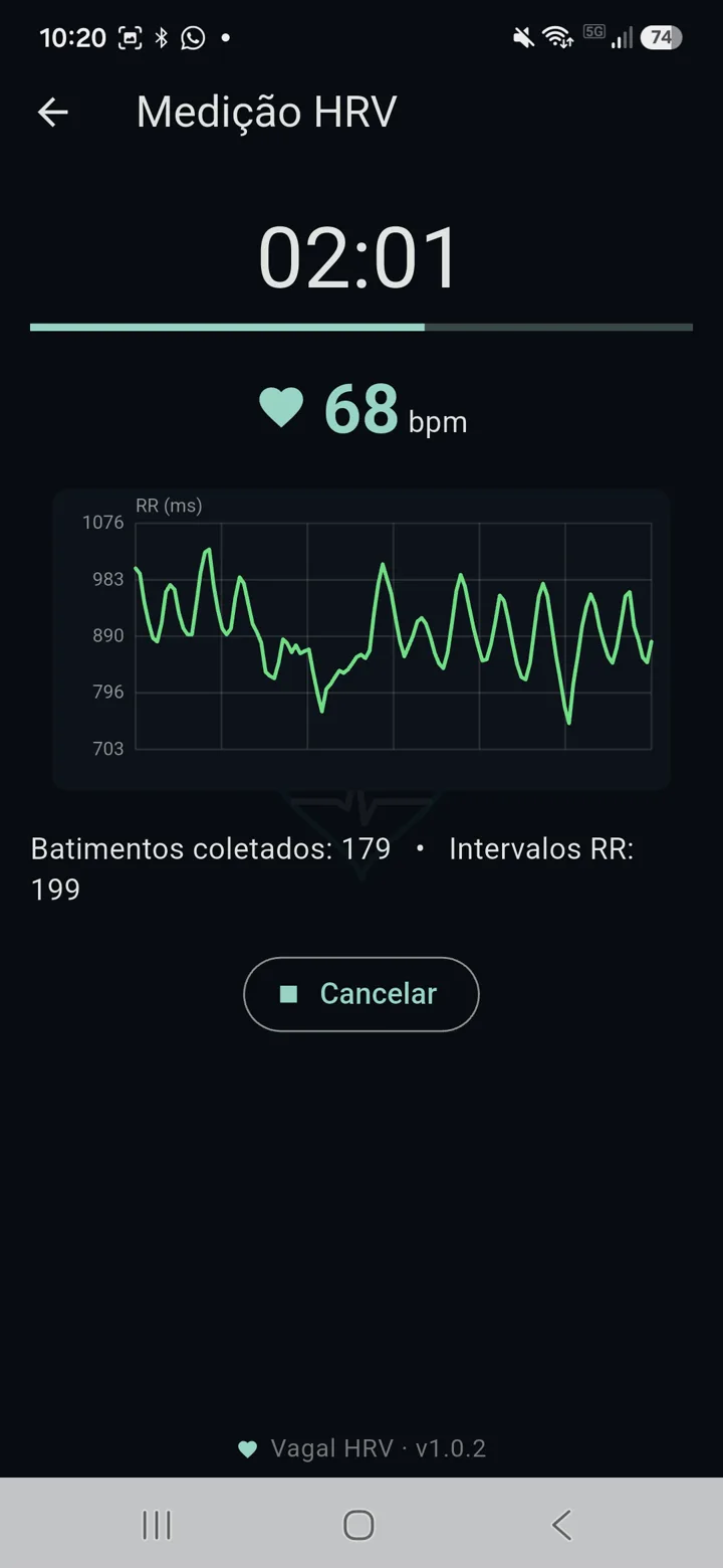Medição em andamento com cronômetro, frequência cardíaca e intervalos RR