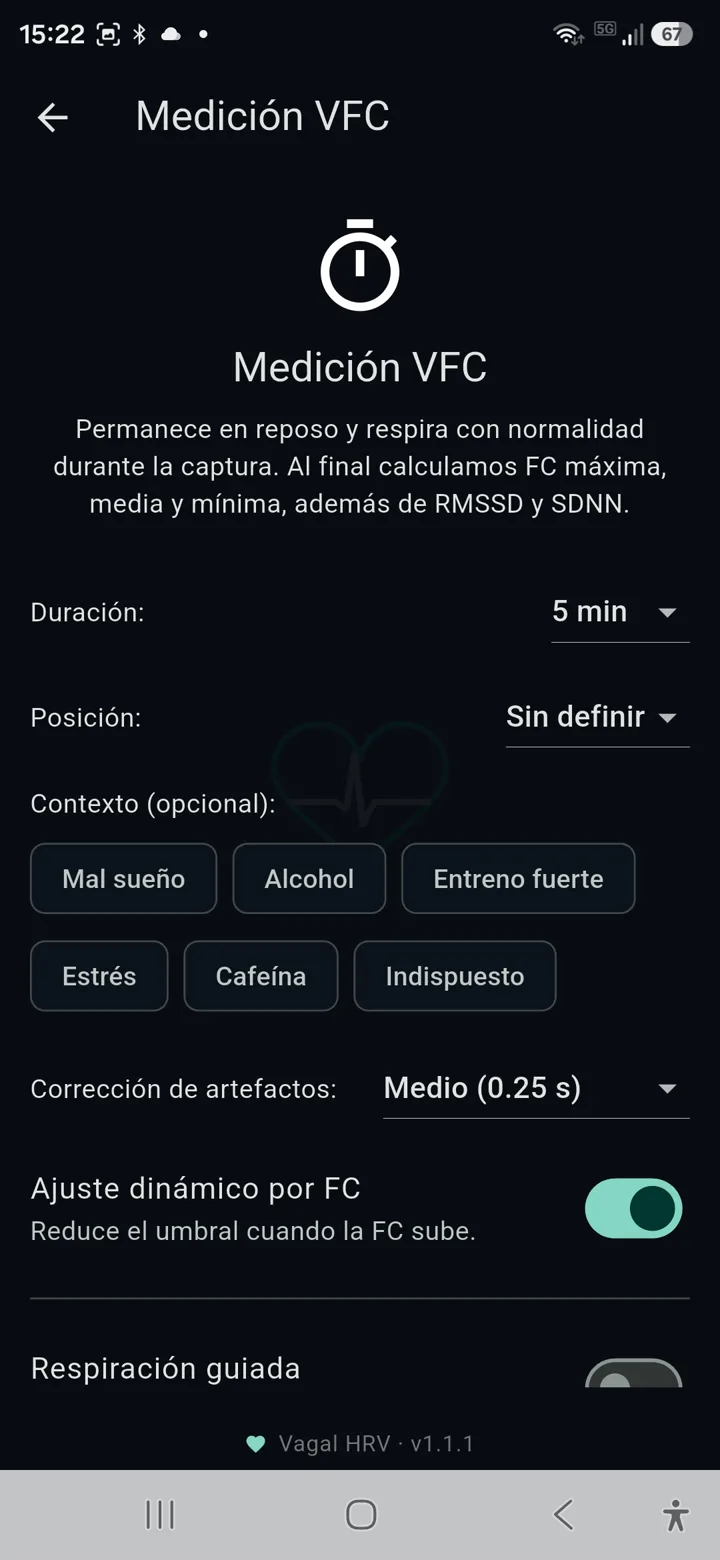 Configuración de la medición con duración, posición y etiquetas de contexto
