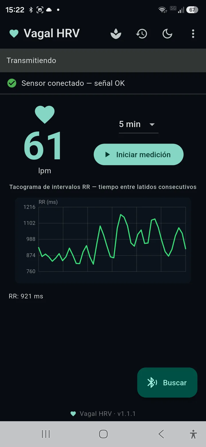 Frecuencia cardíaca en vivo y tacograma RR en la pantalla inicial de Vagal HRV