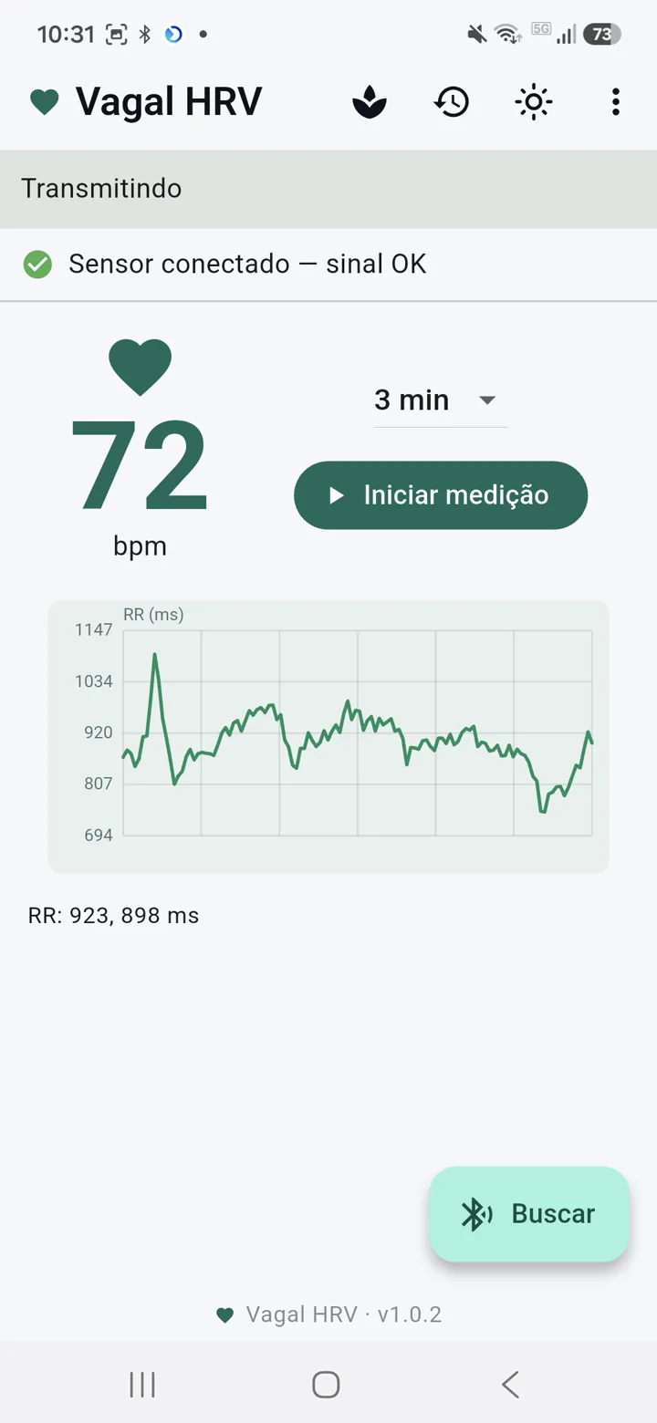 Frequência cardíaca ao vivo e tacograma RR na tela inicial do Vagal HRV