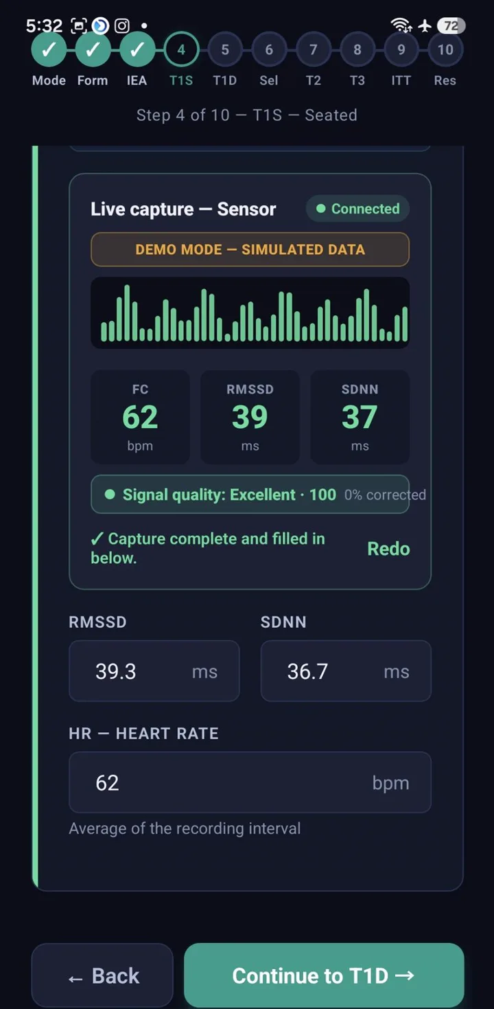 Live capture screen with signal quality, heart rate and RR intervals
