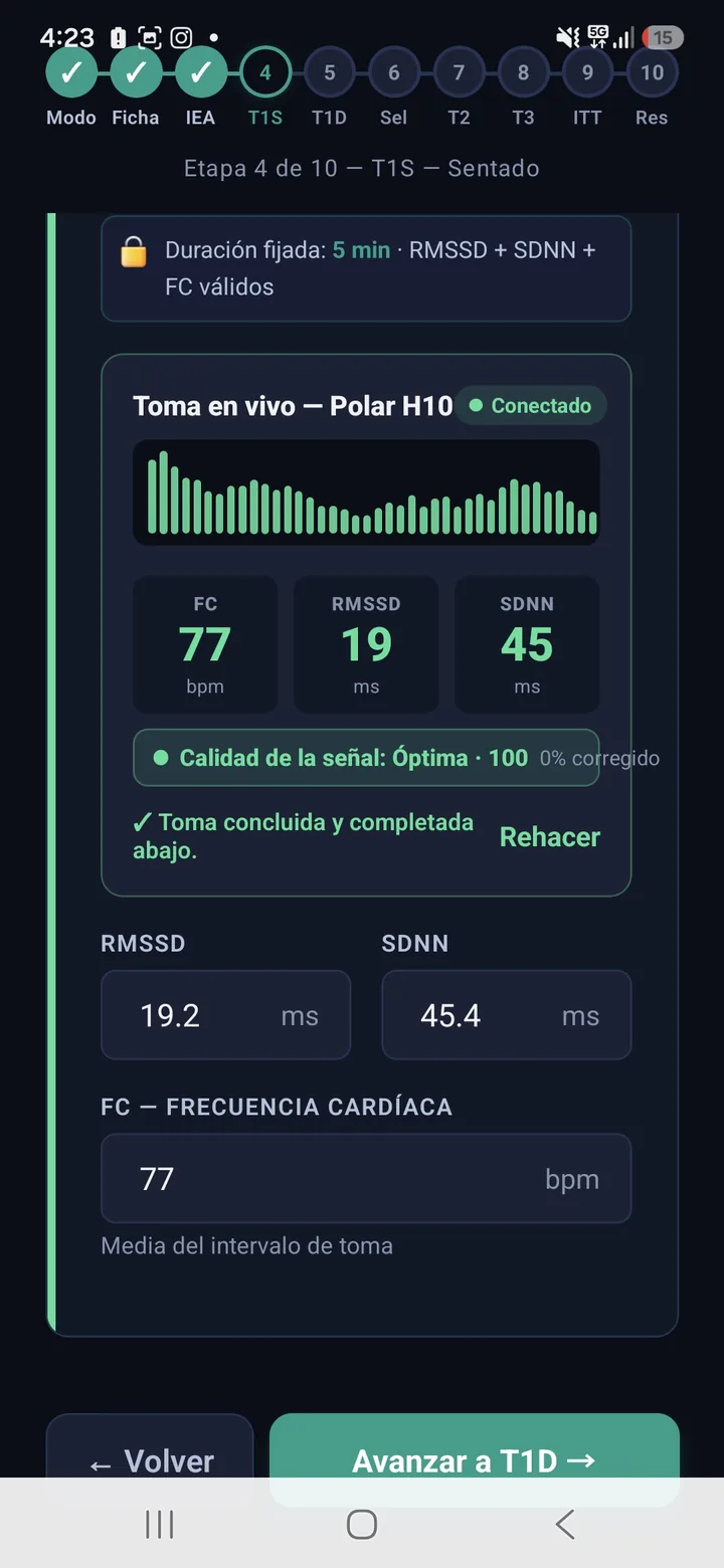 Live capture screen with signal quality, heart rate and RR intervals (Spanish interface)