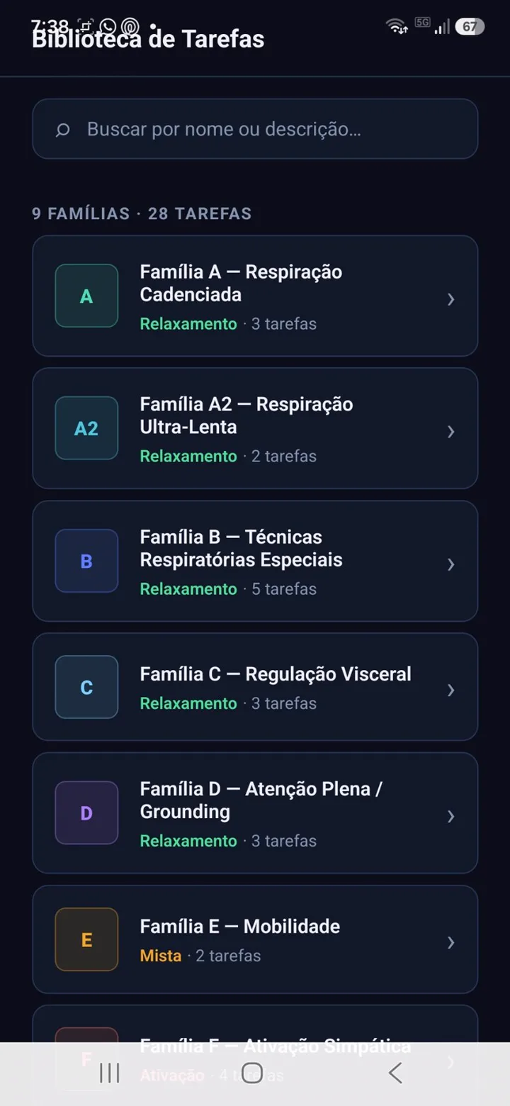 Task library with nine families and twenty-eight breathing, mobility and grounding tasks