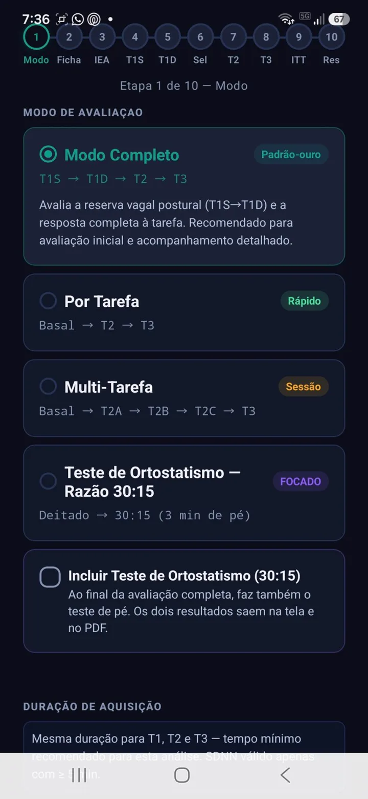 Assessment mode selection showing the ten-step flow and the orthostatic 30:15 test option